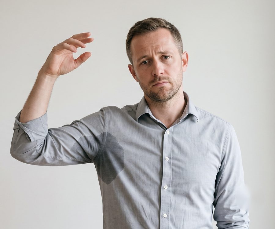 Man with a visible underarm sweat mark on his shirt, a common sign of hyperhidrosis treated at Florida Aesthetics and Wellness in Brandon, FL