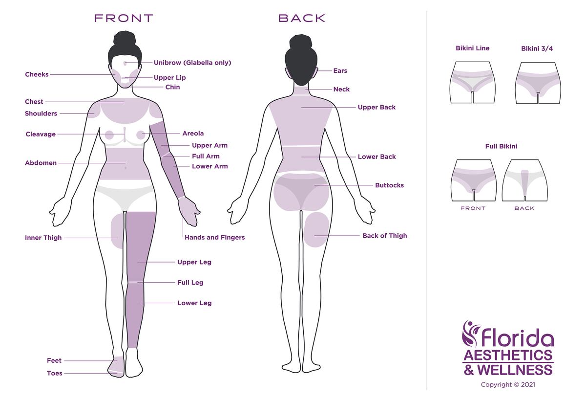 Laser hair removal treatment areas diagram at Florida Aesthetics and Wellness Brandon FL