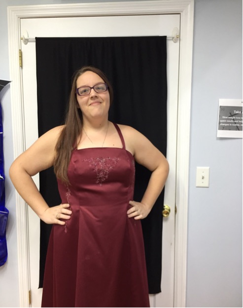 Sabrina after losing 51 pounds, front view in the same red dress